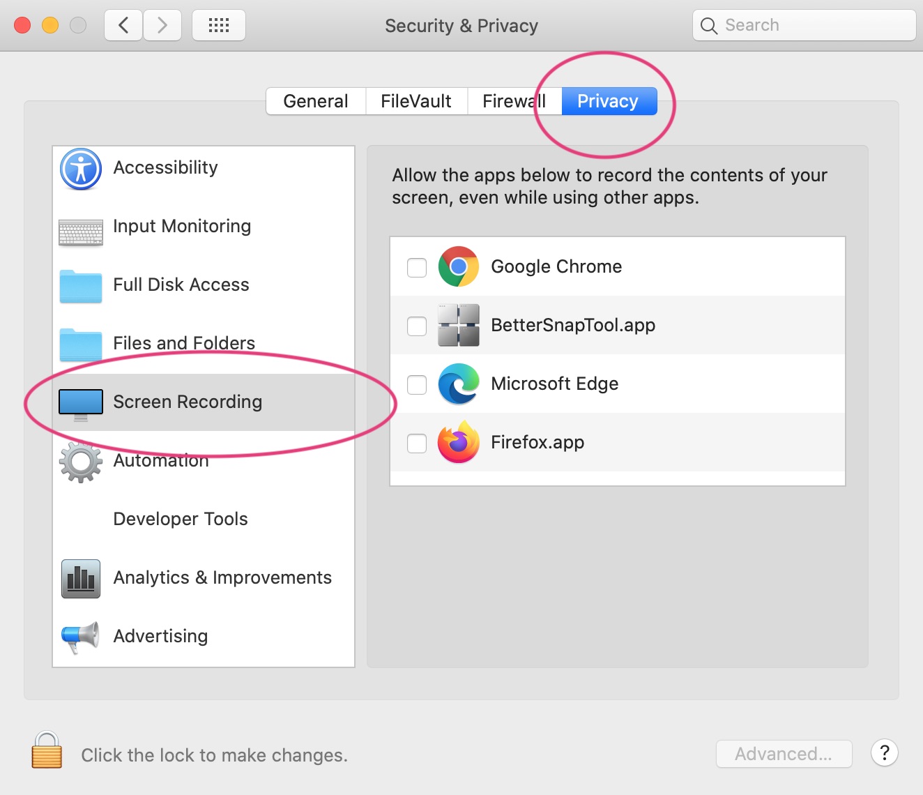 System preferences Privacy screenshot