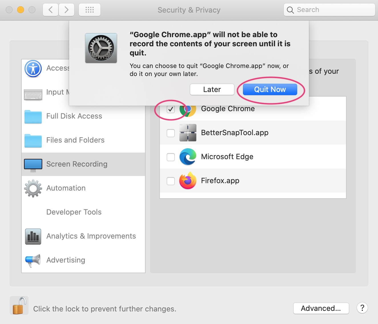 System preferences Privacy screenshot